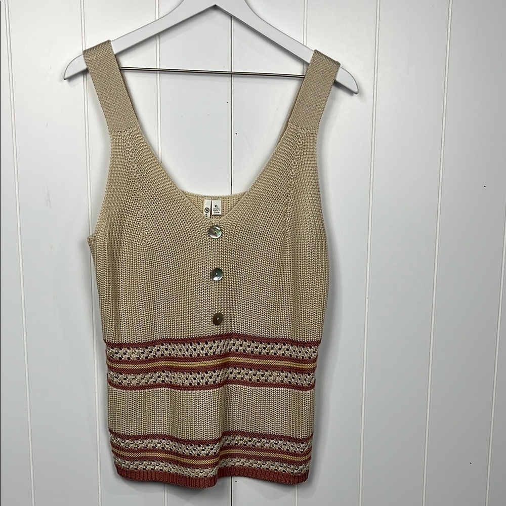 Versona Womens Knit Vest XL Tan/Mauve Vneck Straps Open Weave Soft Casual EUC